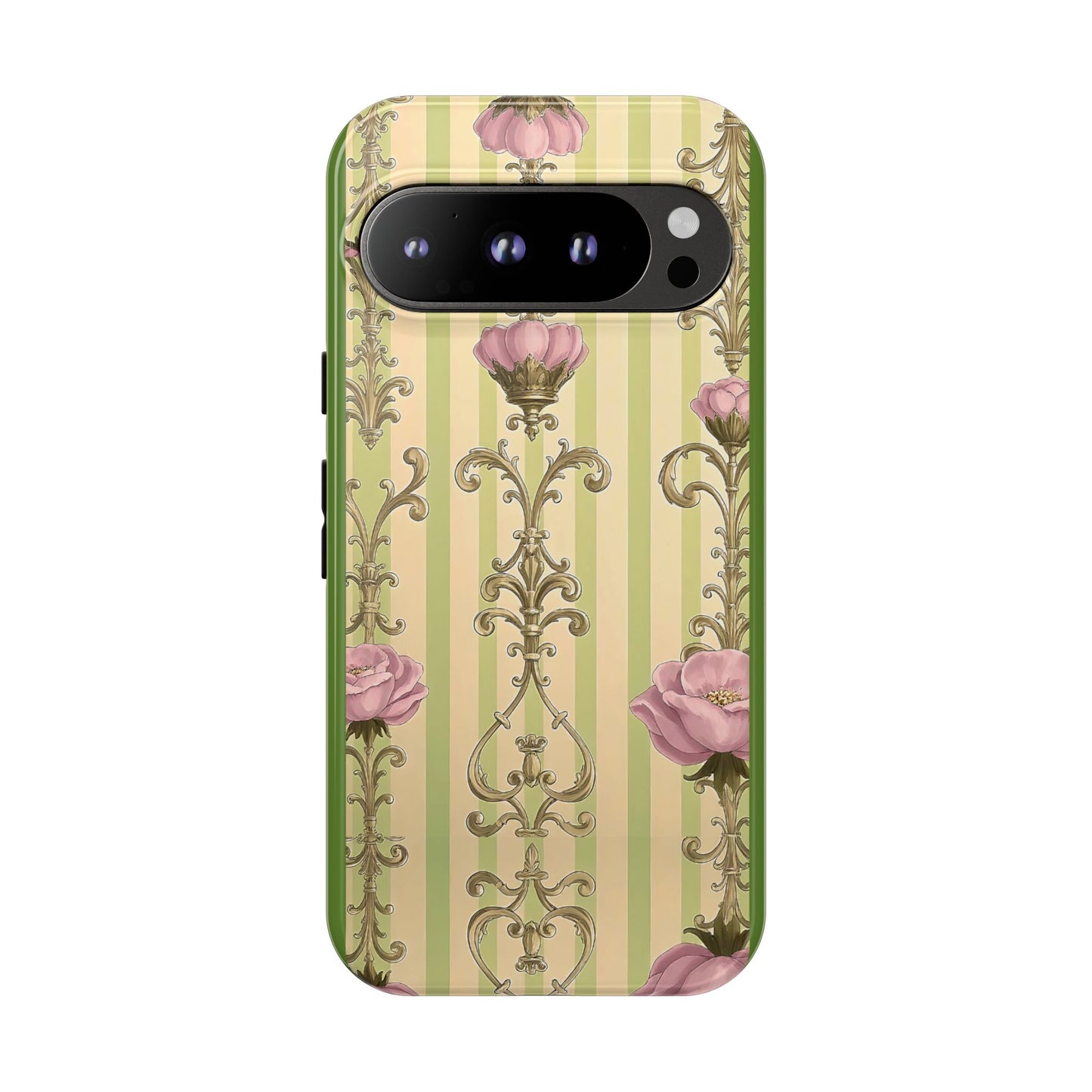 Elegant Floral Motif Phone Case - Tough Cases with Vintage Design - Lime Green & Pink Striped Damask