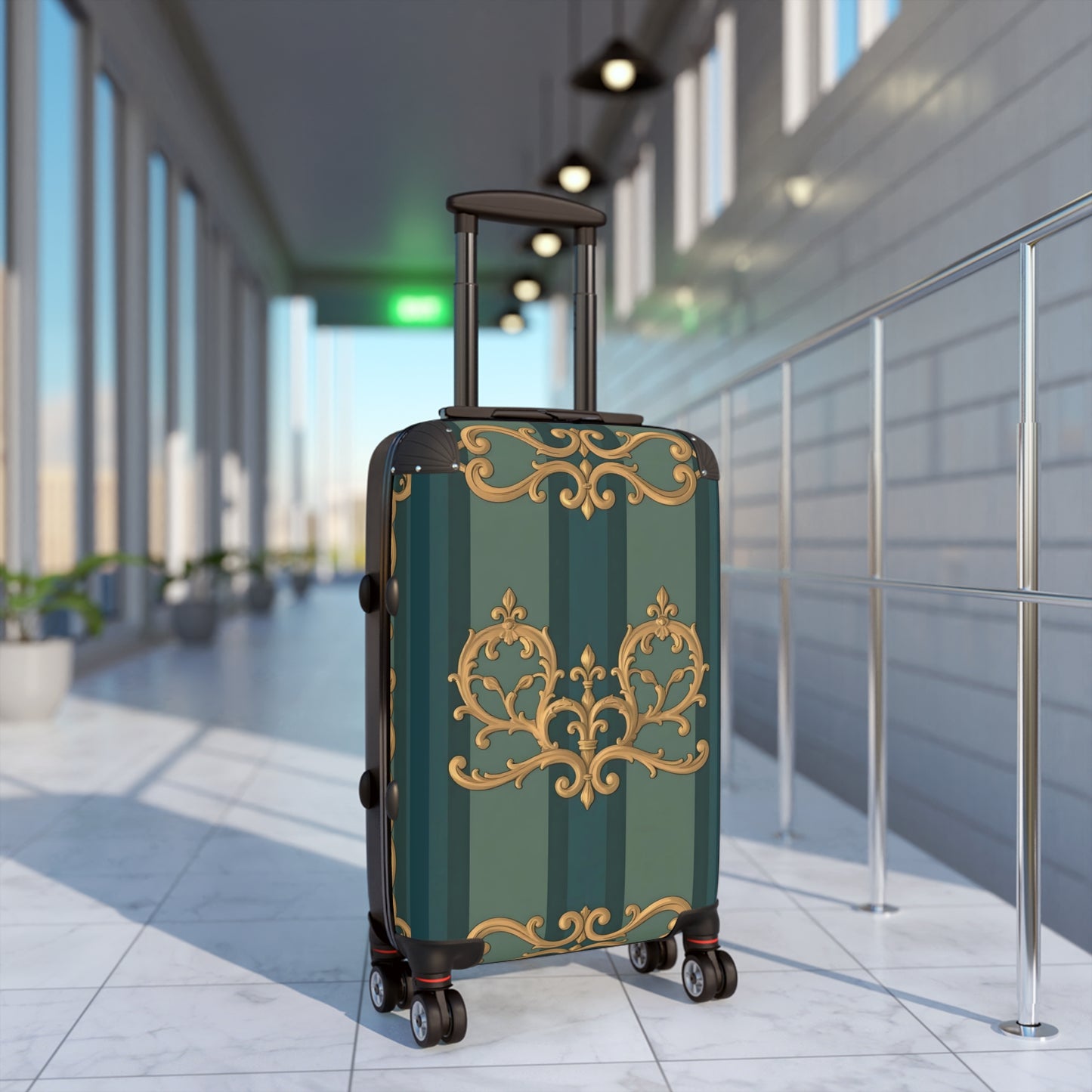 Vintage Floral Suitcase - Stylish Travel Luggage for Adventurers - Smoky Blue & Teal Striped Baroque