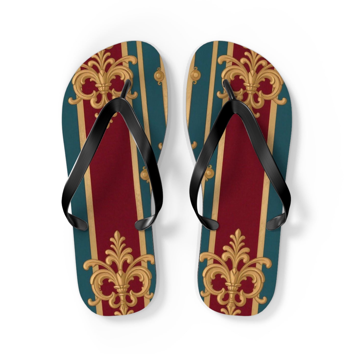 Elegant Floral Pattern Flip Flops, Stylish Beach Footwear, Summer Accessories, Vacation Sandals - Burgundy Striped Gold Baroque