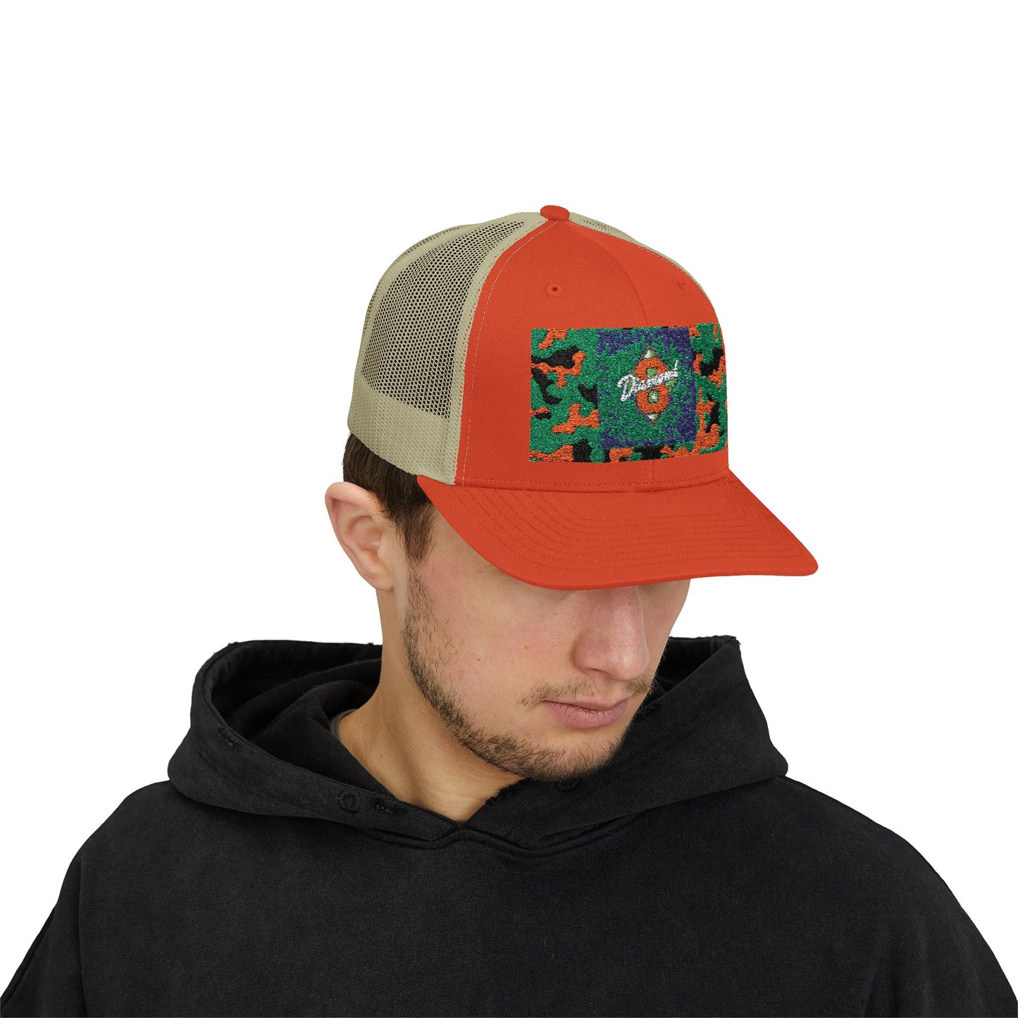 Colorful Camouflage Snapback Trucker Cap, Casual Hat, Outdoor Gear, Unisex Headwear, Gift for Him/Her - Green & Orange Camo Diamond 8