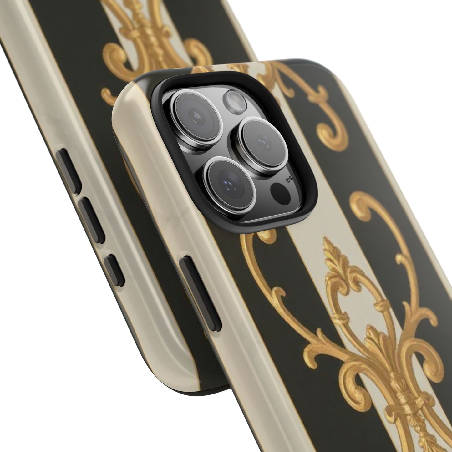 Elegant Black & Alabaster Striped Baroque Tough Phone Cases - Chic Protection, Black Gold Decor, Stylish Accessory, Gift for Her, Trendy Tech