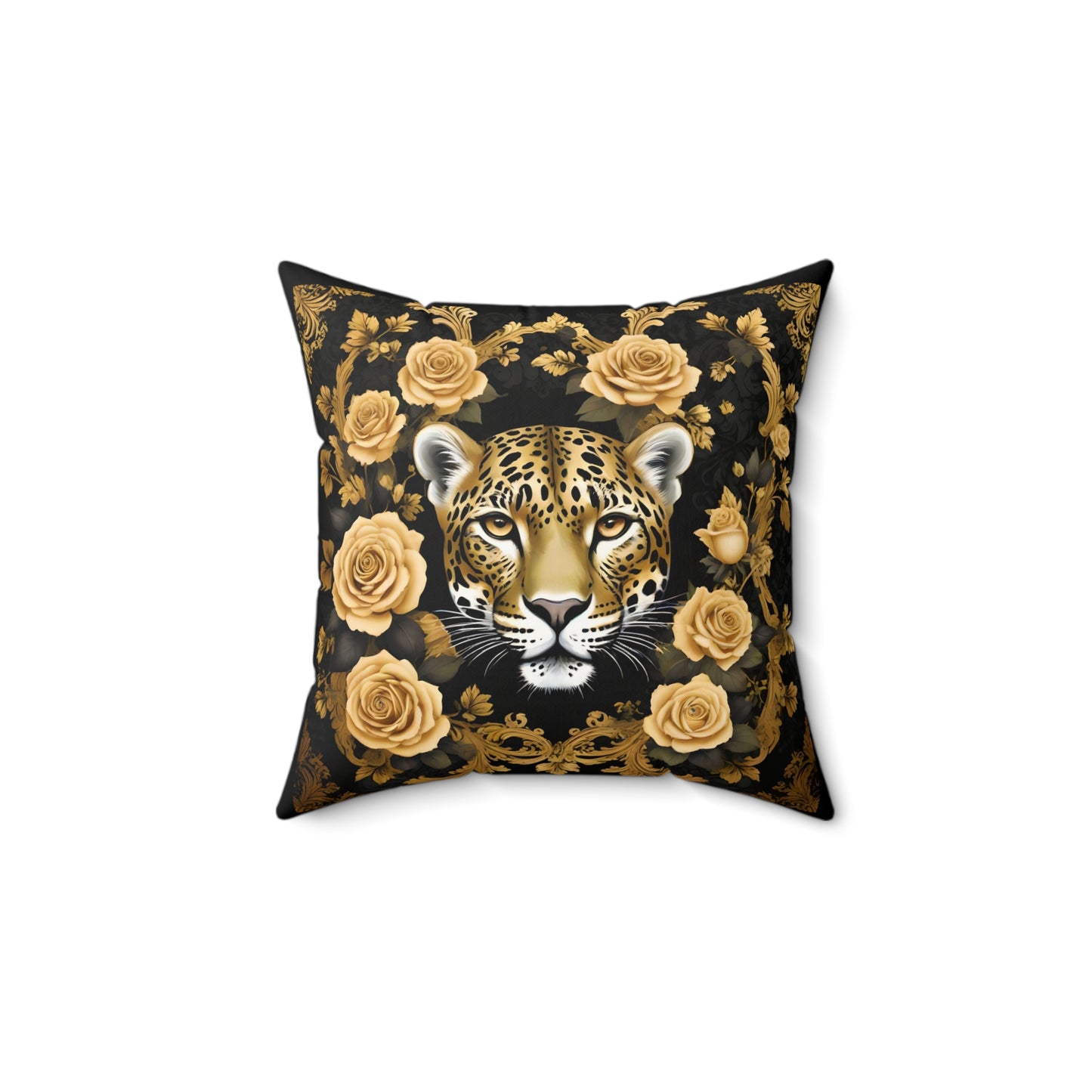 Luxury Leopard Print Faux Suede Square Pillow with Gold Roses | Elegant Home Decor - Gold Leopard
