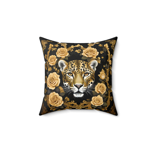Luxury Leopard Print Faux Suede Square Pillow with Gold Roses | Elegant Home Decor - Gold Leopard