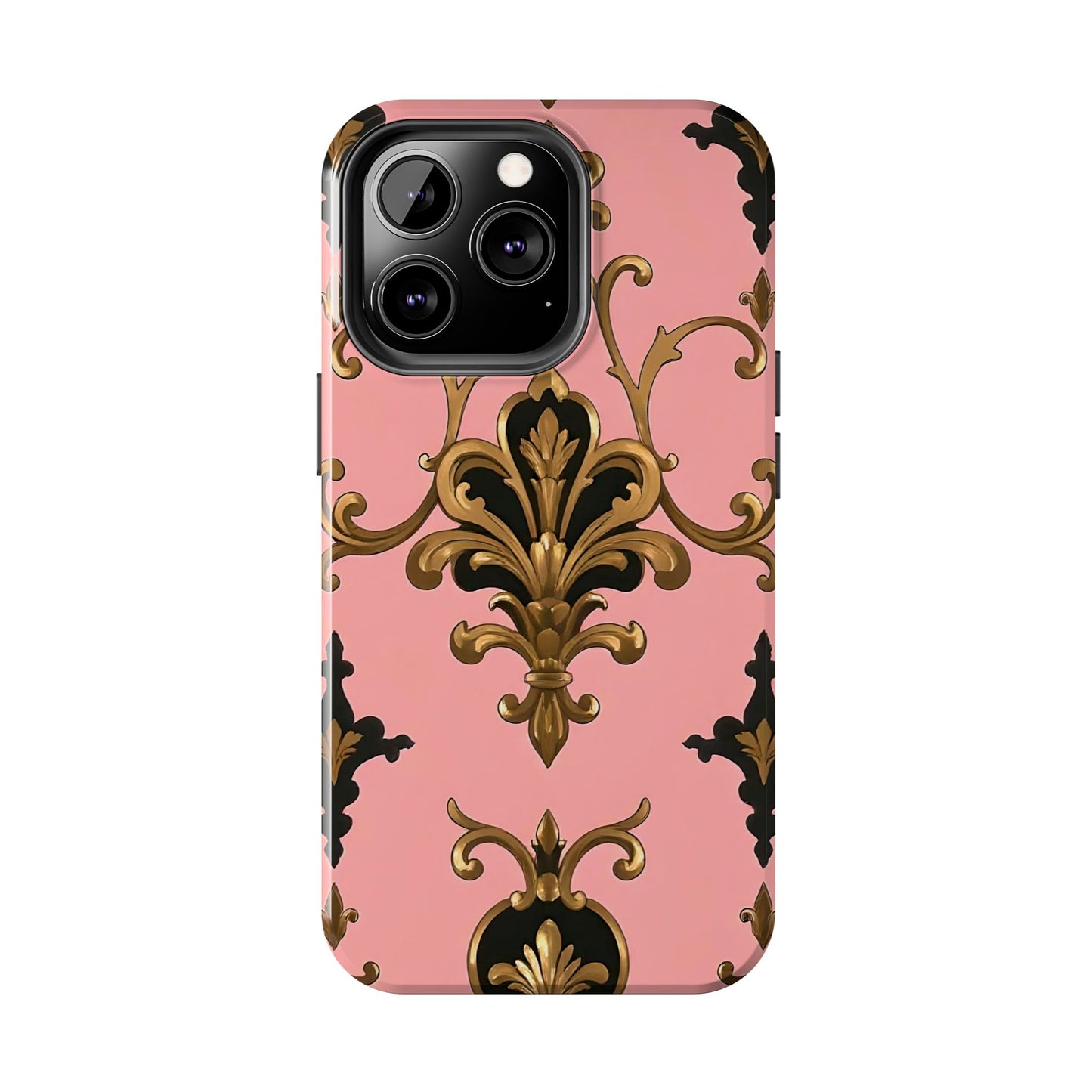 Chic Tough Phone Cases with Floral Design, Elegant Phone Cover, Durable Smartphone Case, Stylish Tech Accessory - Pink, Black & Gold Rococo