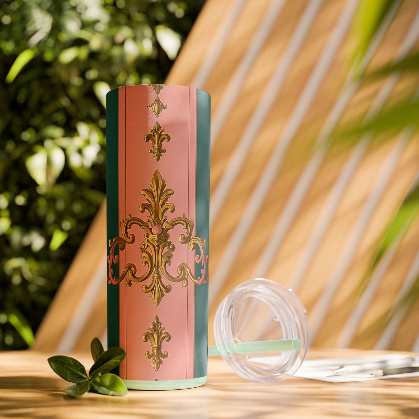 Elegant Pink and Green Skinny Tumbler with Straw, 20oz - Ideal for Gifts, Travel, Home, Events - Pink & Teal Striped Gold Baroque