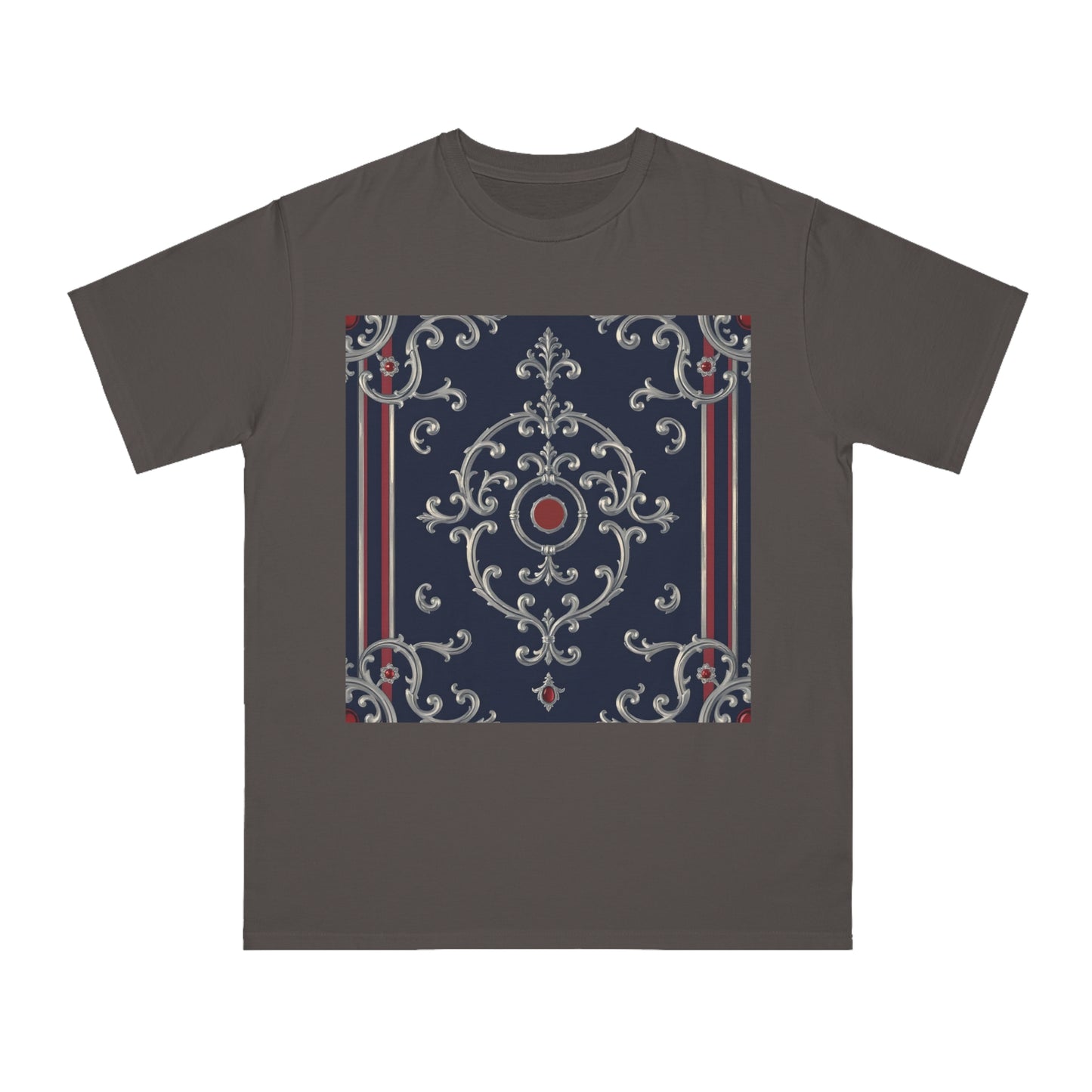 Vintage Pattern Organic Unisex T-Shirt | Baroque Style Tee, Casual Wear, Unique Gift, Eco-Friendly Fashion - Blue & Red Striped Silver Baroque