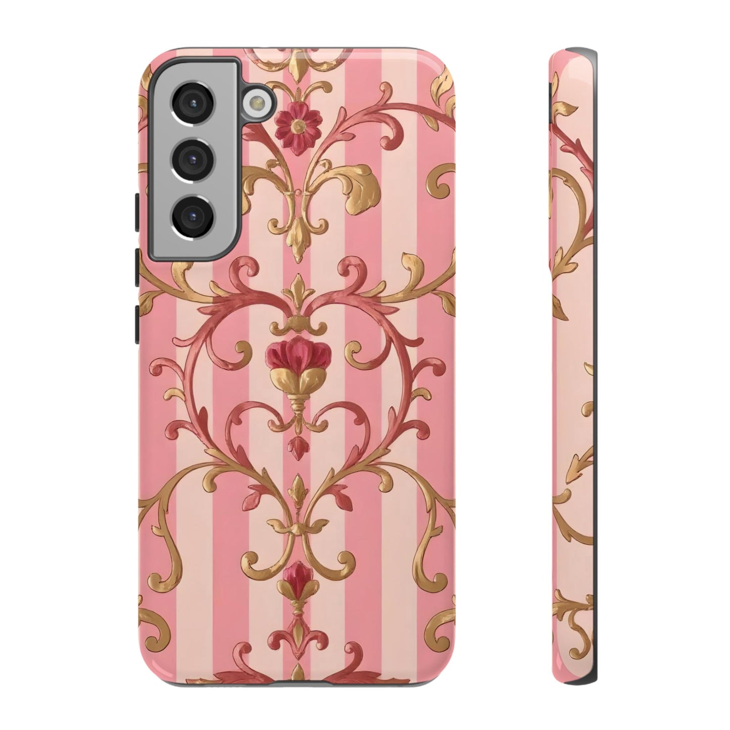 Elegant Floral Motif Phone Case - Tough Cases with Vintage Design - Pink Striped Rose Gold Damask