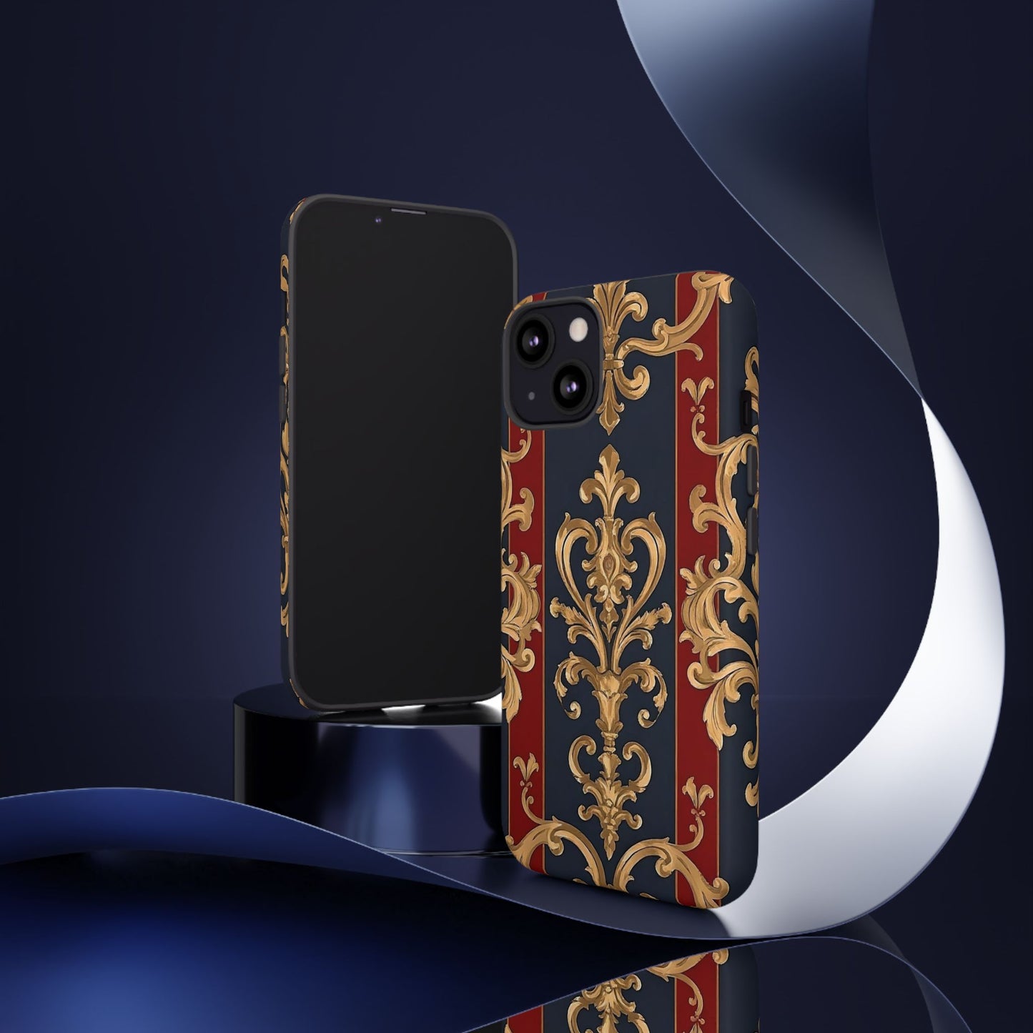 Elegant Floral Motif Phone Case - Tough Cases with Vintage Design - Midnight Blue & Dusk Red Striped Gold Damask