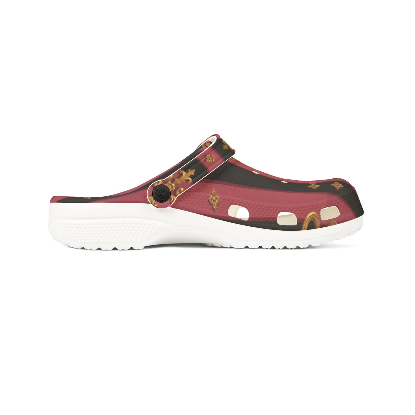Chic Black & Mauve Striped Gold Baroque EVA Foam Rubber Clogs for Stylish Comfort, Trendy House Shoes, Unique Gift Idea