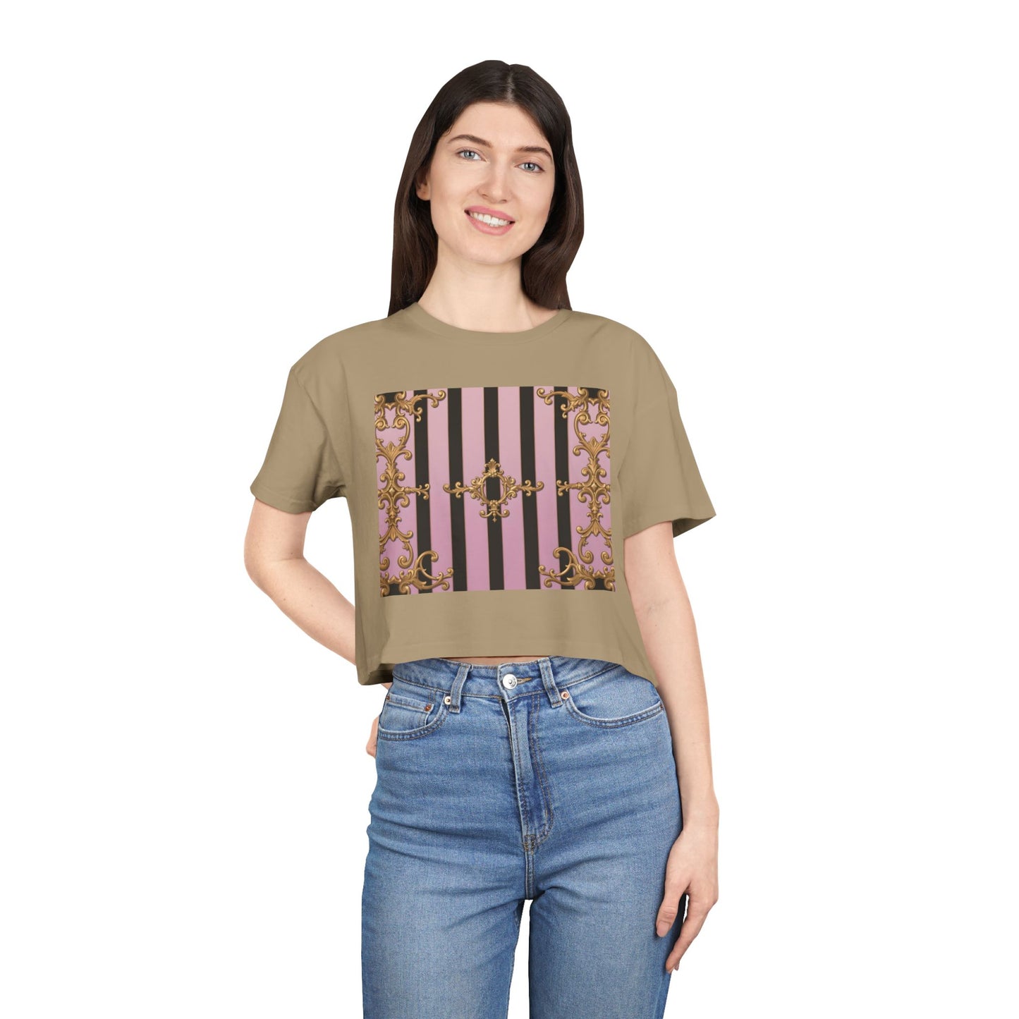 Chic Baroque Women's Crop Tee, Boho Style Top, Casual Summer Shirt, Trendy Gift for Her, Stylish Crop Top for Festivals & Everyday