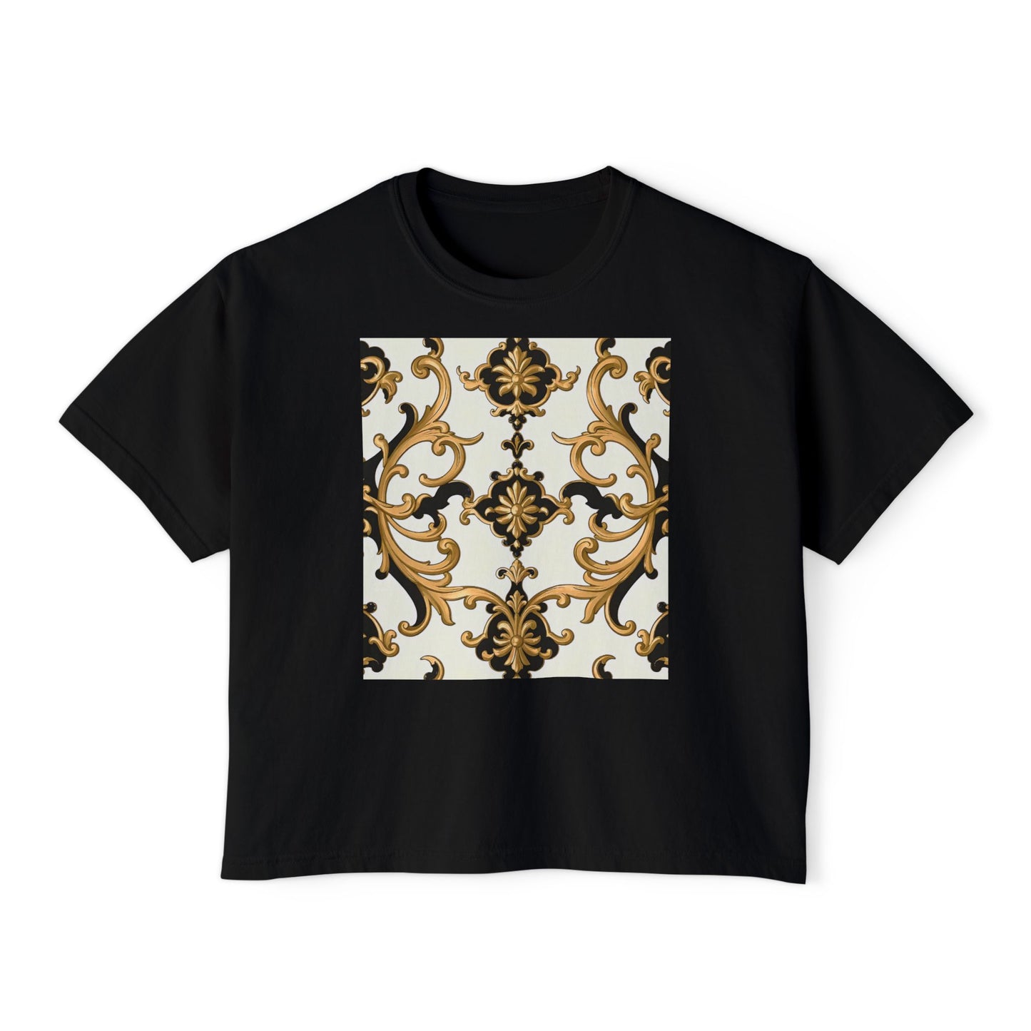 Chic Floral Women's Boxy Tee, Casual Fashion Top, Spring/Summer Essential, Relaxed Fit Tee, Vintage-Inspired Shirt - Black & Gold Rococo
