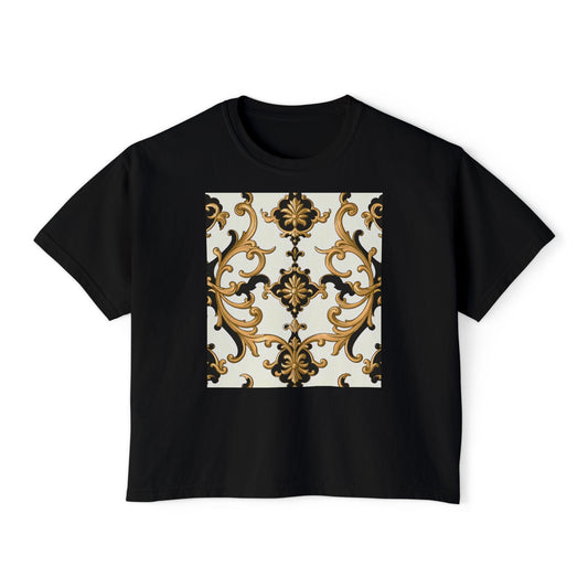 Chic Floral Women's Boxy Tee, Casual Fashion Top, Spring/Summer Essential, Relaxed Fit Tee, Vintage-Inspired Shirt - Black & Gold Rococo