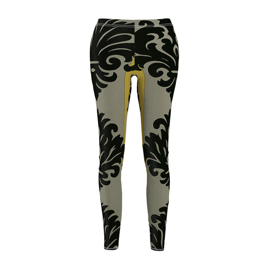 Chic Women's AOP Leggings | Stylish Casual Wear, Fitness, Yoga, Everyday Comfort - Silver & Gold Striped Black Baroque