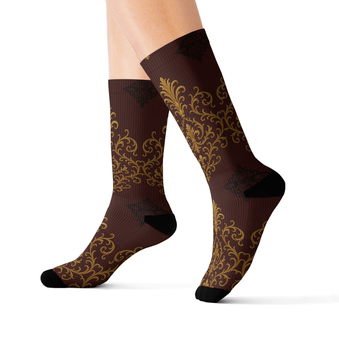 Dusk Burgundy-Black & Gold Baroque Sublimation Socks — Vintage Baroque Patterned Crew Socks