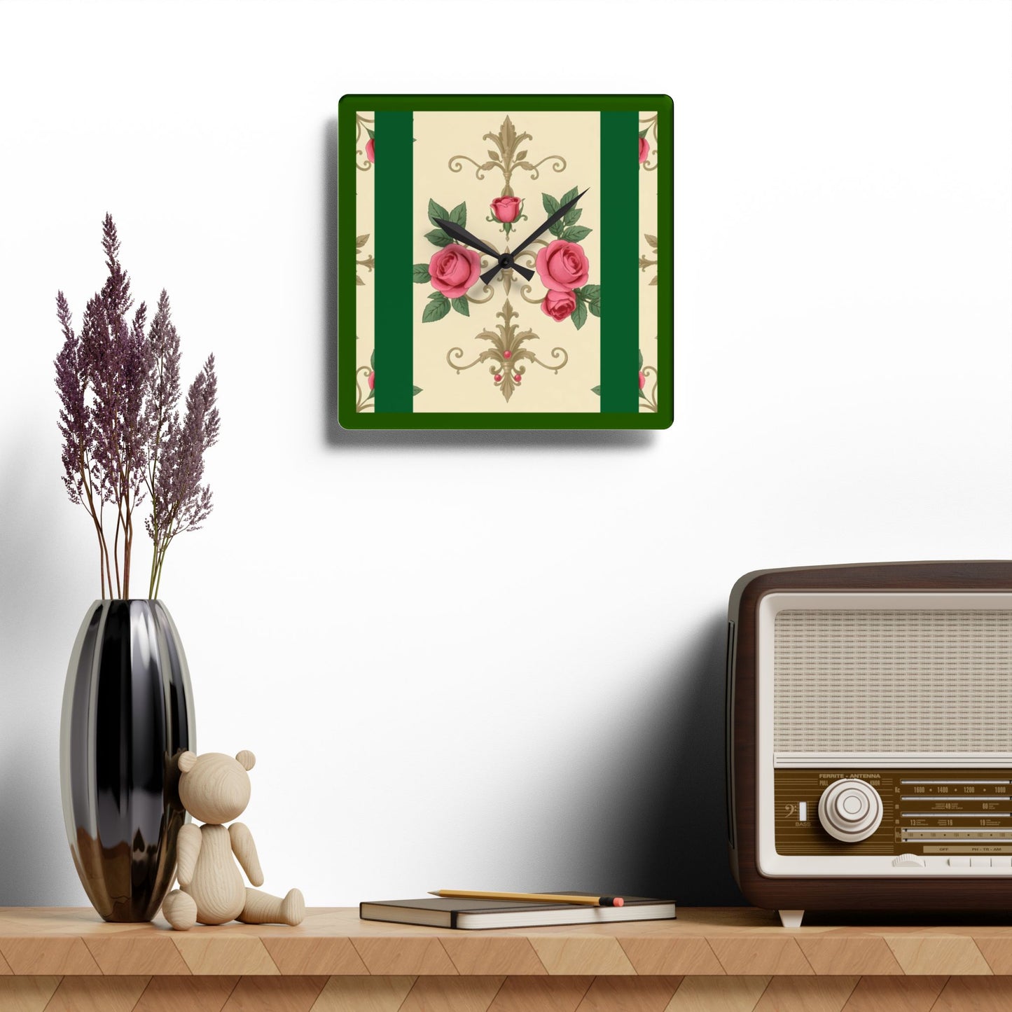 Bohemian Damask-Inspired Acrylic Wall Clock with Floral Design - Green Border Roses & Damask