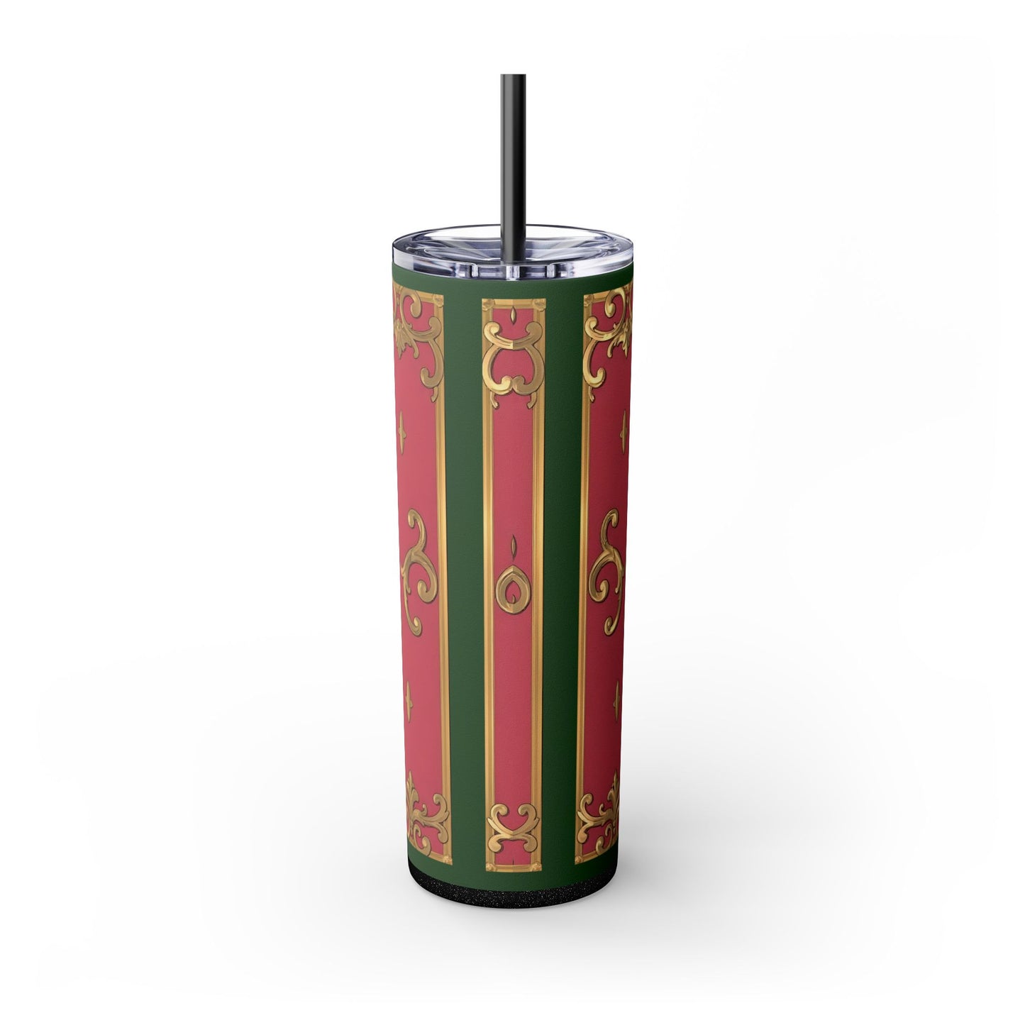 Elegant Green Border Pink Striped Baroque Skinny Tumbler with Straw, Reusable Travel Mug, Gift for Her, Fashionable Drinkware
