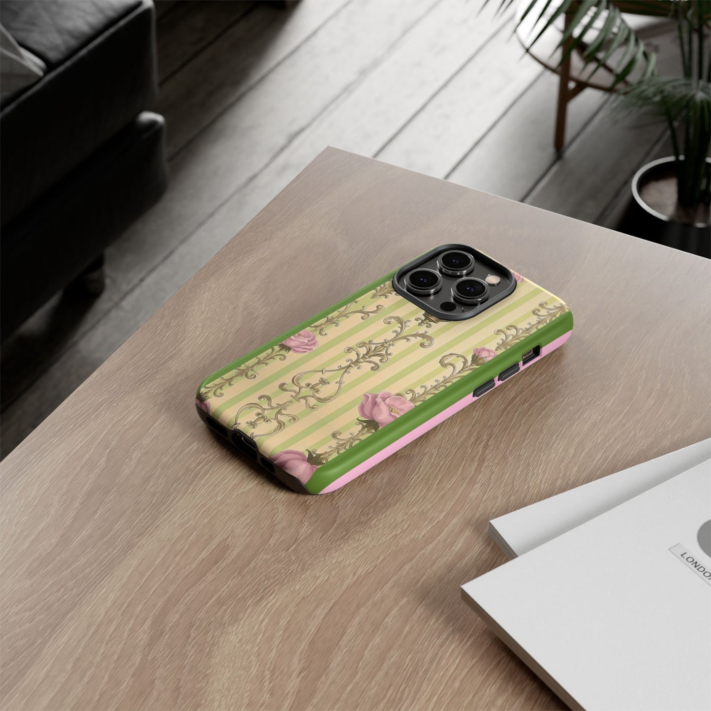 Elegant Floral Motif Phone Case - Tough Cases with Vintage Design - Lime Green & Pink Striped Damask
