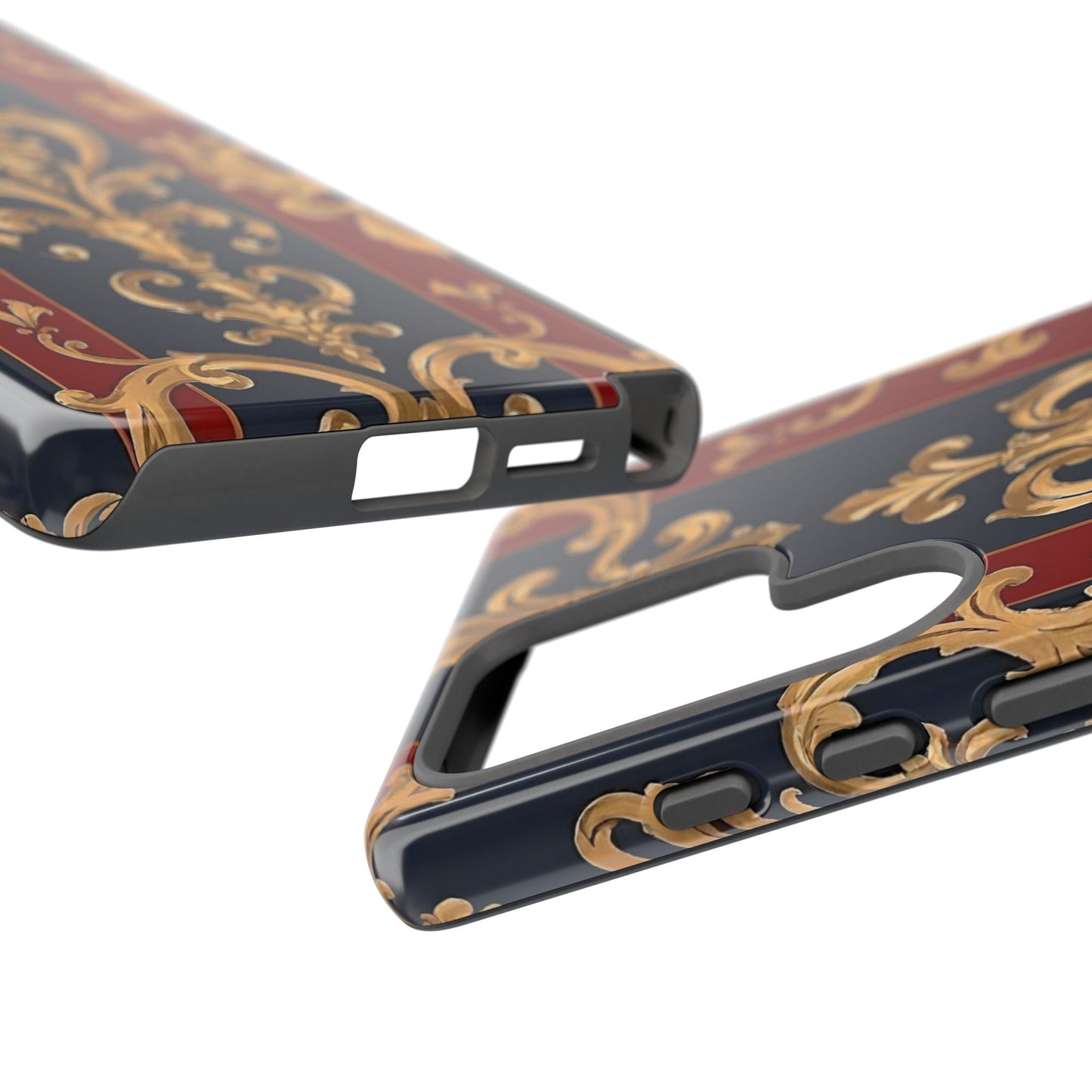 Elegant Floral Motif Phone Case - Tough Cases with Vintage Design - Midnight Blue & Dusk Red Striped Gold Damask