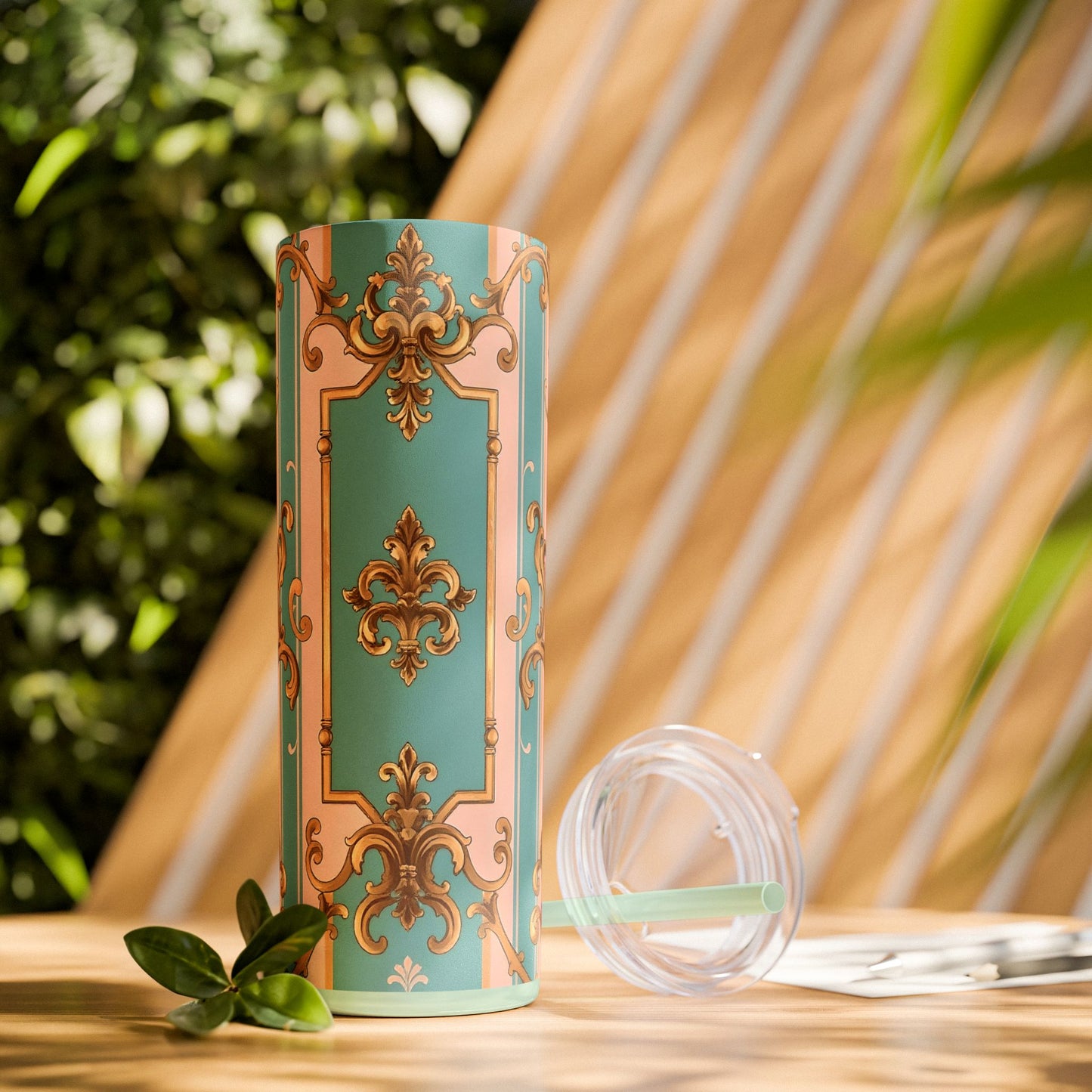 Elegant Floral Skinny Tumbler, 20oz Travel Mug, Stylish Drinkware, Perfect Gift for Her, Vintage Inspired - Pink & Matte Turquoise Striped Rococo