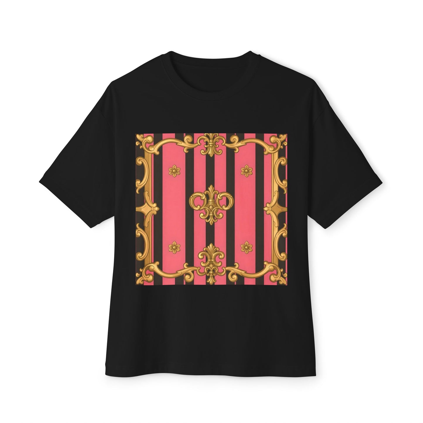 Chic Vintage-Inspired Oversized Tee, Stylish Graphic T-Shirt, Baroque Tee, Casual Summer Shirt - Pink & Black Striped Gold Baroque
