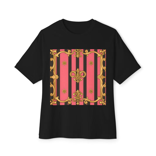 Chic Vintage-Inspired Oversized Tee, Stylish Graphic T-Shirt, Baroque Tee, Casual Summer Shirt - Pink & Black Striped Gold Baroque