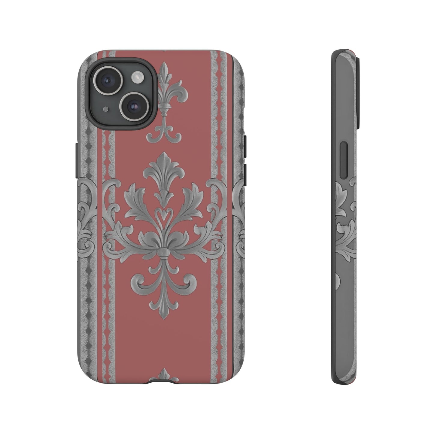 Elegant Floral Phone Case - Tough Cases for Stylish Protection - Gray & Mauve Striped Baroque