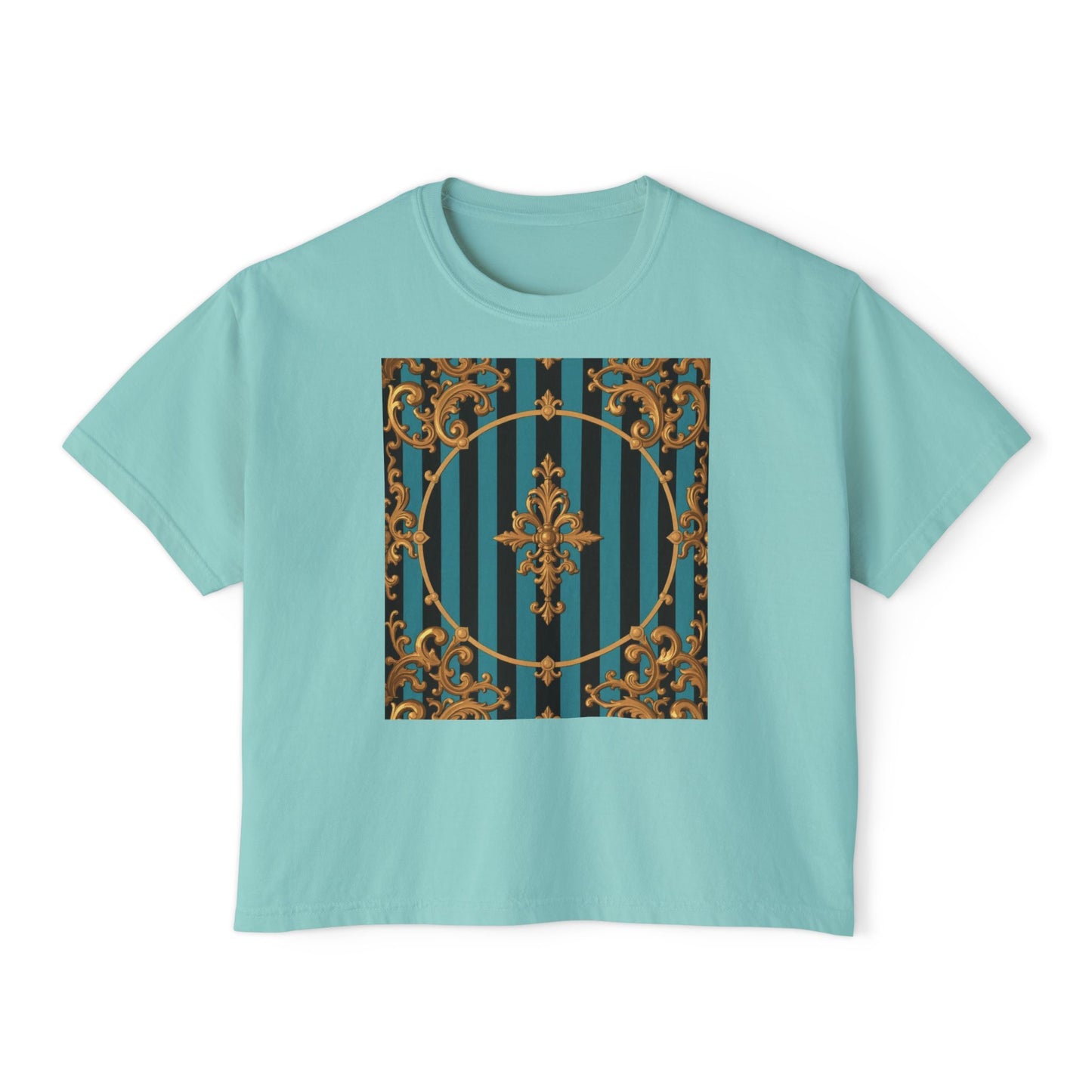 Chic Turquoise & Black Striped Gold Baroque Women's Boxy Tee with Vintage Inspired Design, Perfect for Casual Outings