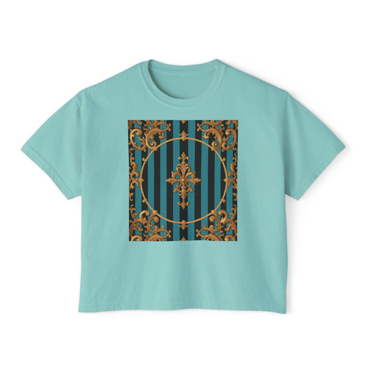 Chic Turquoise & Black Striped Gold Baroque Women's Boxy Tee with Vintage Inspired Design, Perfect for Casual Outings