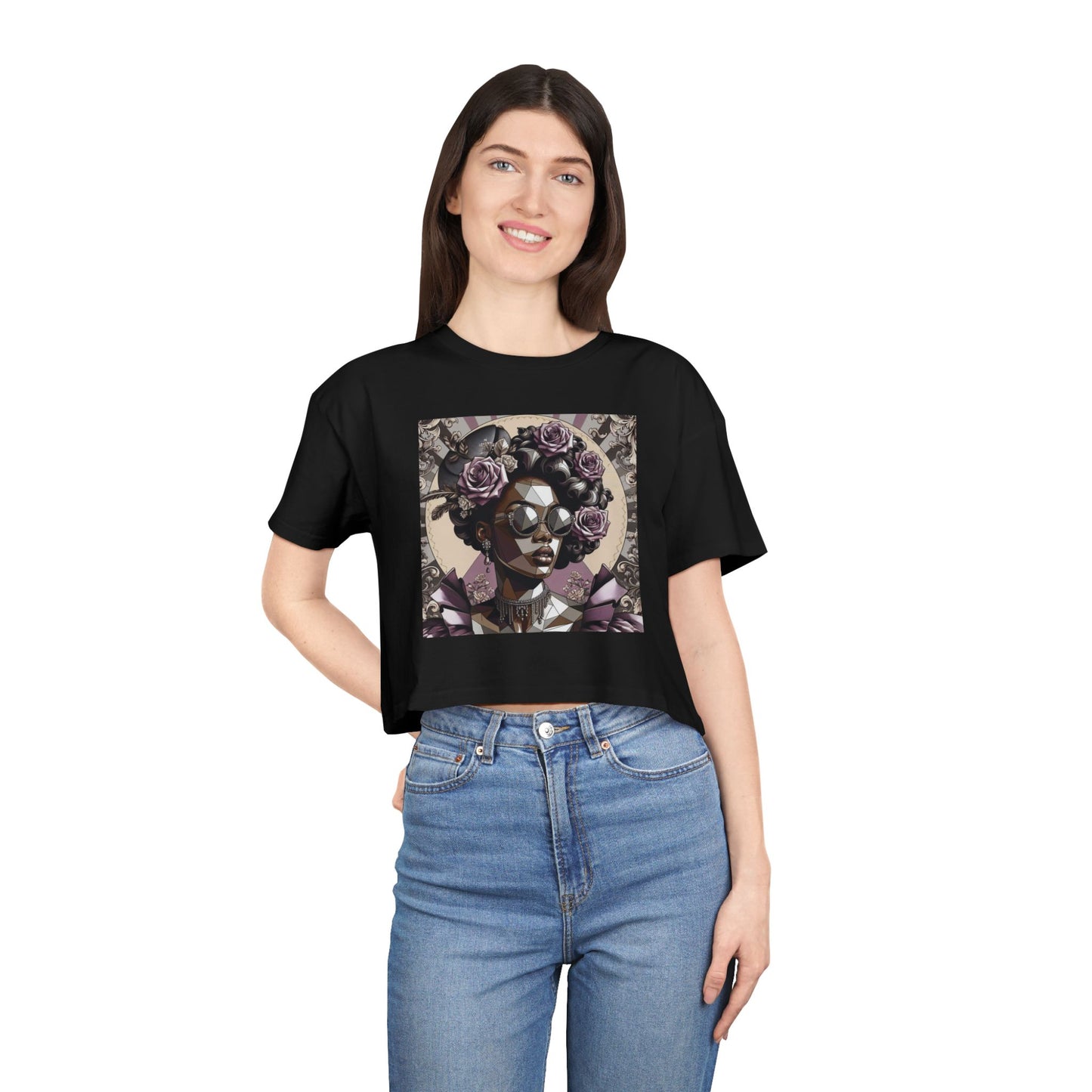 Poly Art Chic Women's Crop Tee - Floral Art Inspired Shirt, Casual Summer Wear, Festival Top, Vintage Style - Lilac Baroque Lady