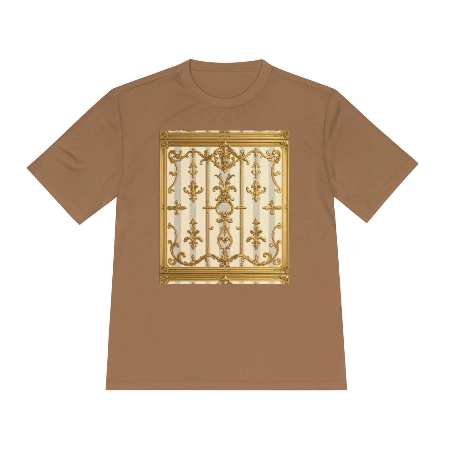 Elegant Gold Unisex Moisture Wicking Tee, Fashion Tee, Workout Shirt, Summer Style - Matte Gray & Cream Striped Gold Baroque
