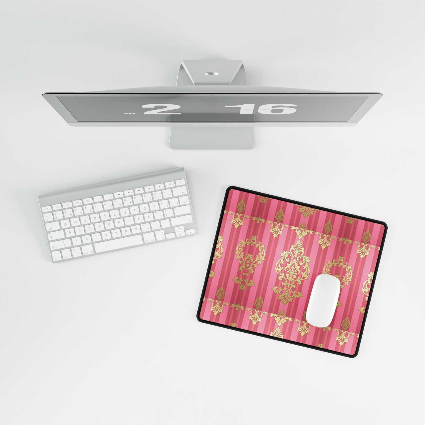 Elegant Floral Motif Desk Mat for Home Office Decor - Pink Striped Gold Damask