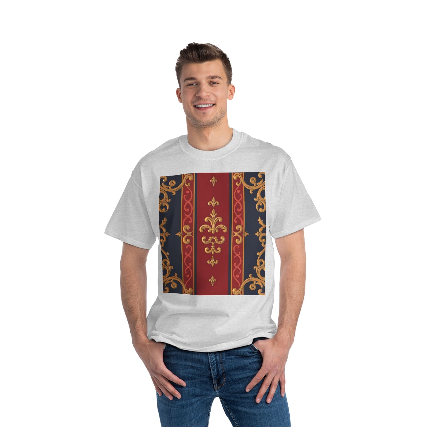 Elegant Patterned Short-Sleeve T-Shirt, Stylish Tee, Vintage Design Top, Casual Wear, Fashionable Gift - Midnight Blue & Dusk Red Gold Baroque