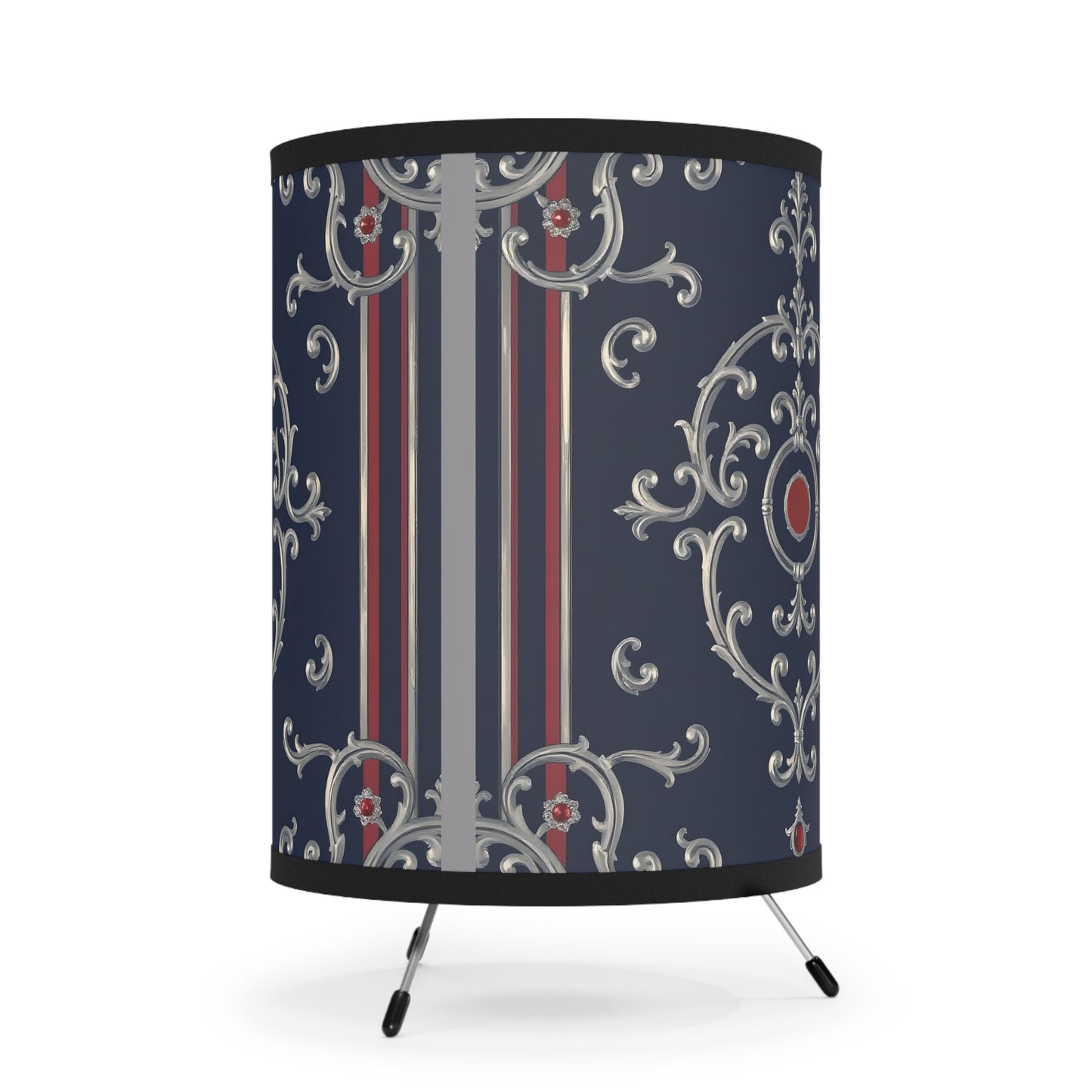 Elegant Tripod Lamp - High-Res Printed Shade, Unique Home Decor for Living Room, Bedroom, Office - Blue & Red Striped Silver Baroque
