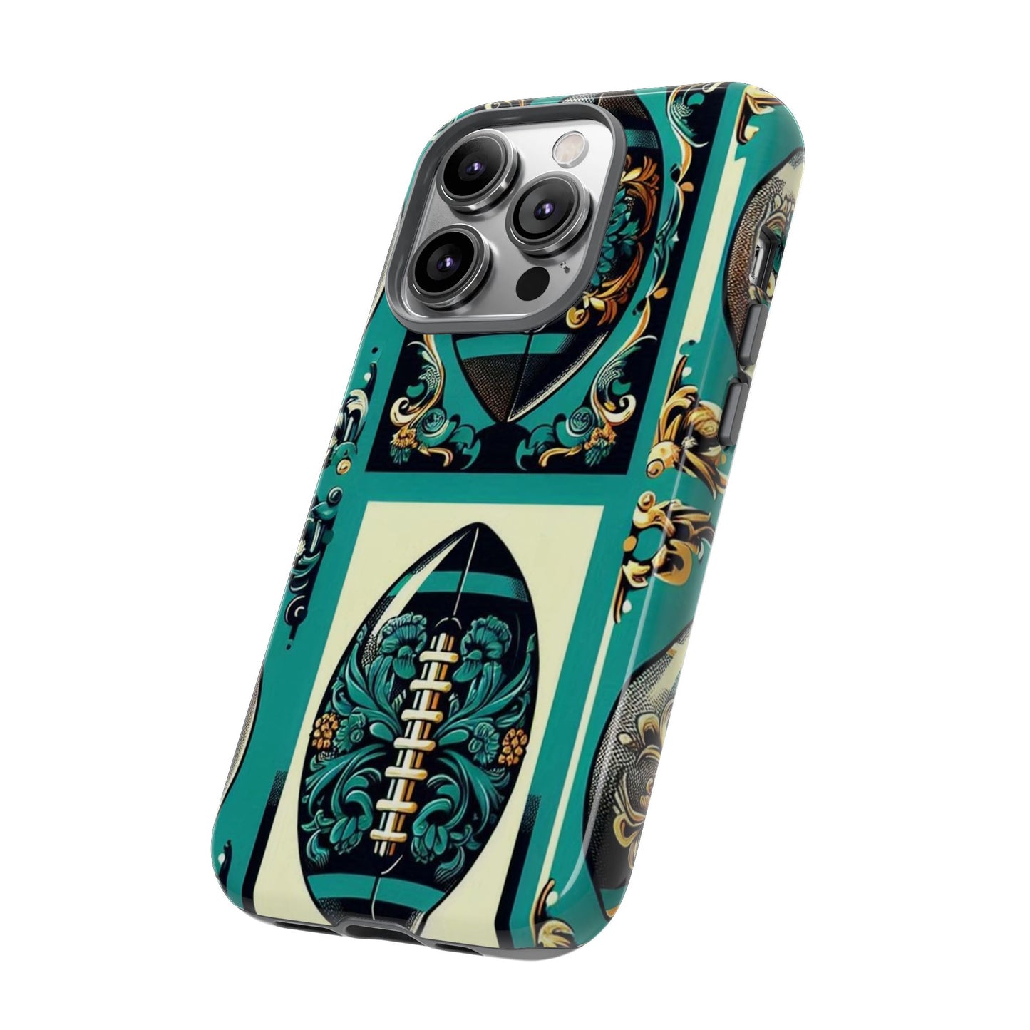 Elegant Floral Motif Phone Case - Tough Cases with Vintage Design -  Damask Teal, Gold & Black Footballs