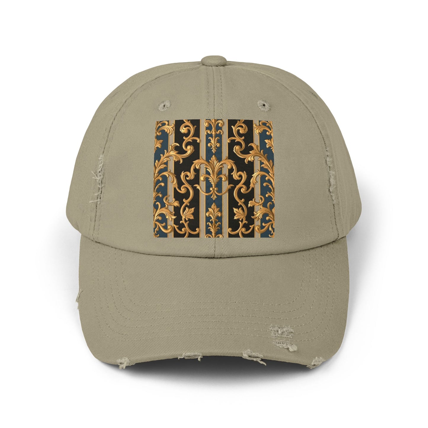 Unisex Distressed Cap with Elegant Gold Pattern, Vintage Style Hat, Casual Fashion Accessory - Blue & Black Striped Rococo