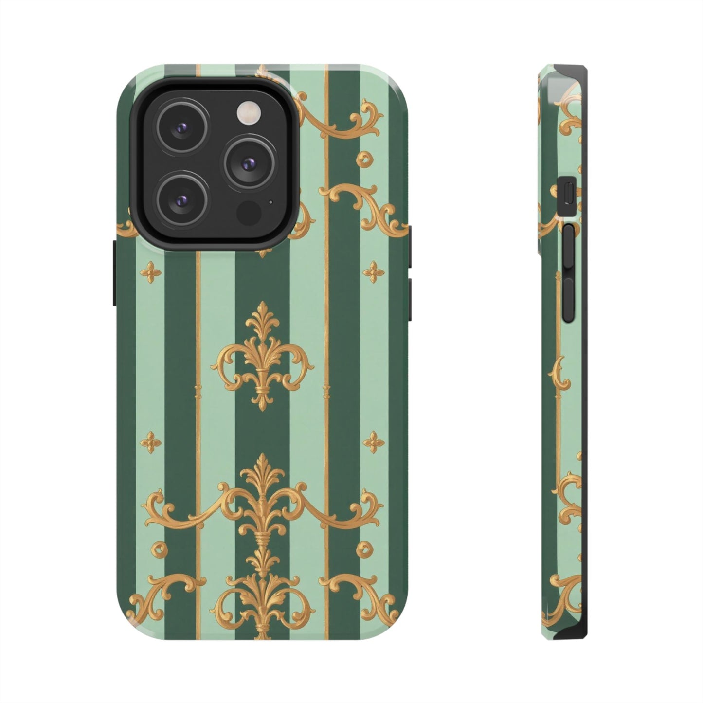Elegant Floral Tough Phone Cases | Stylish Phone Protection, Gift for Her, Trendy Accessory, Unique Decor - Mint Green & Teal Striped Gold Baroque