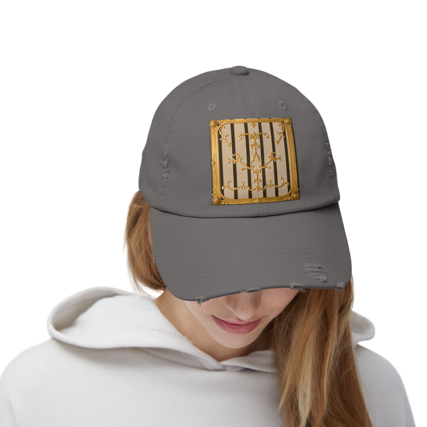 Unisex Distressed Cap - Beige Striped Gold Rococo
