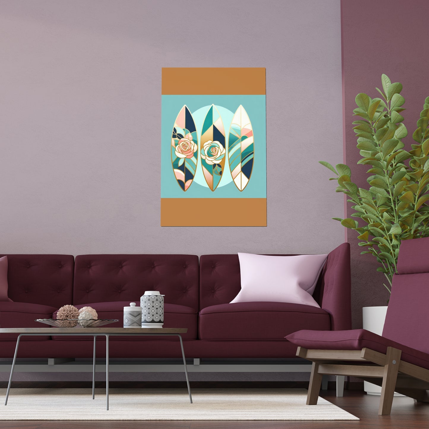 Elegant Floral Silk Poster - Indoor/Outdoor Wall Art for Home Decor - Blue, Pink & Aqua Surfboard & Roses