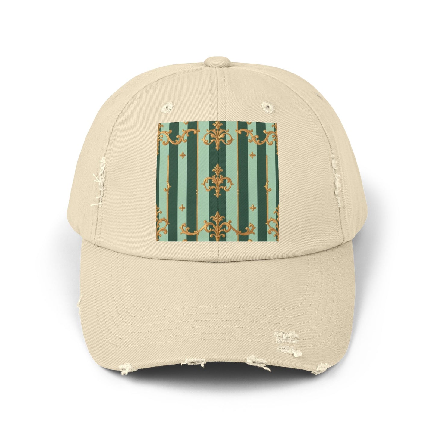 Vintage Chic Unisex Distressed Cap - Fashion Hat, Casual Headwear, Trendy Accessory, Gift for Him/Her - Mint Green & Teal Striped Gold Baroque