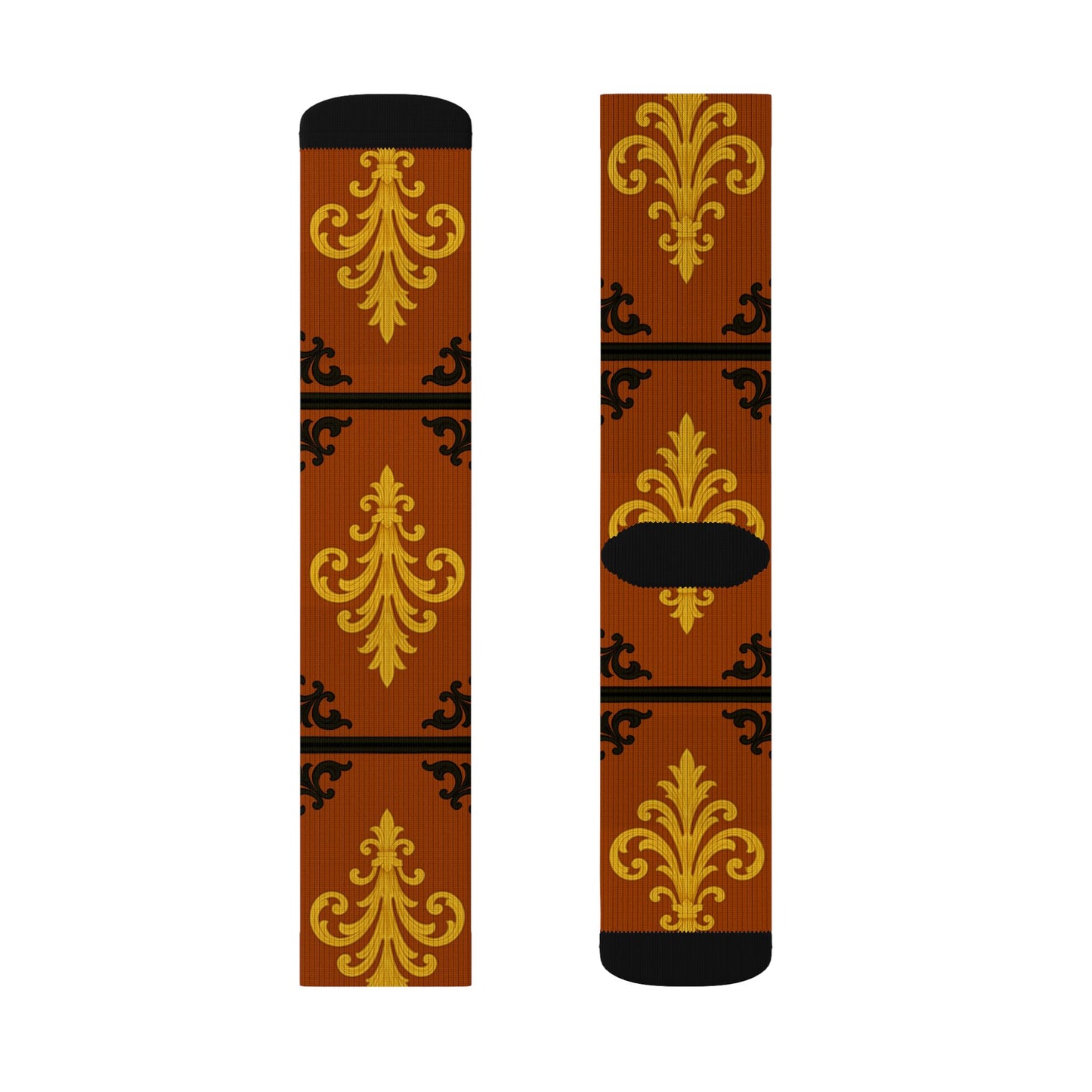 Dusk Terracotta Baroque Sublimation Socks — Vintage Terracotta & Gold Patterned Crew Socks