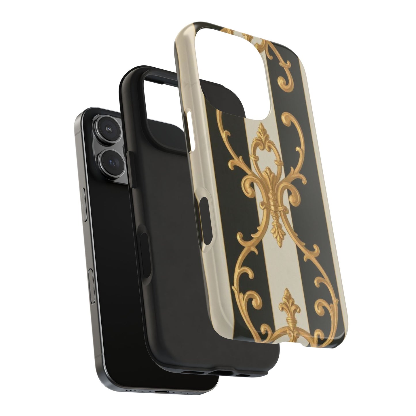 Elegant Black & Alabaster Striped Baroque Tough Phone Cases - Chic Protection, Black Gold Decor, Stylish Accessory, Gift for Her, Trendy Tech