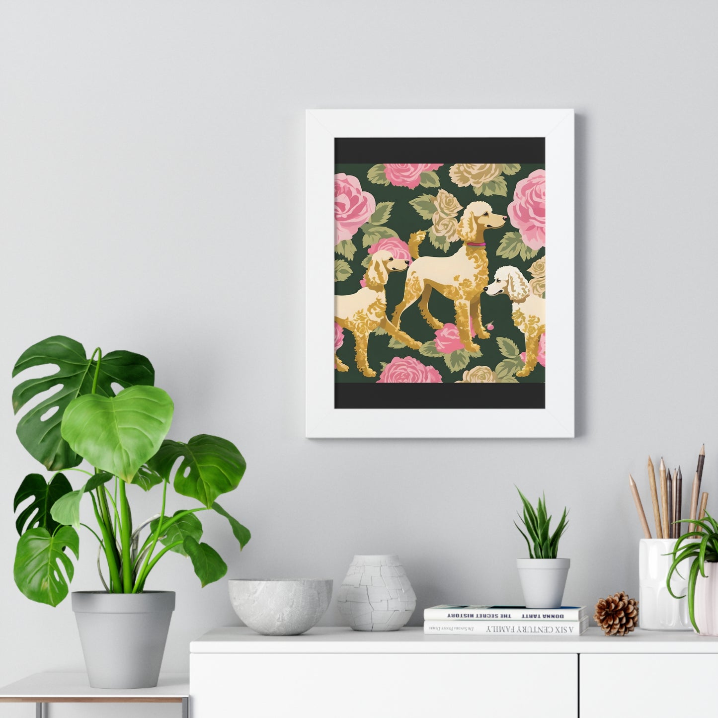 Vertical Poster - Stylish Framed - Art for Home Decor - Poodles In Dark Green & Pink Roses
