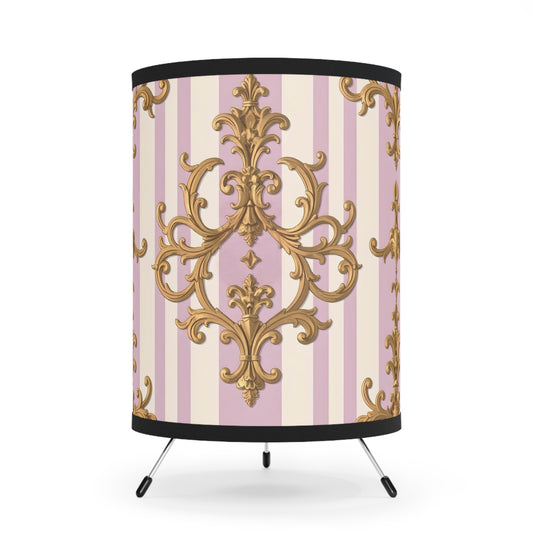 Elegant Tripod Lamp with Vintage Floral Shade, Stylish Home Decor, Lighting for Living Room, Bedroom - Lilac & Alabaster Striped Gold Baroque