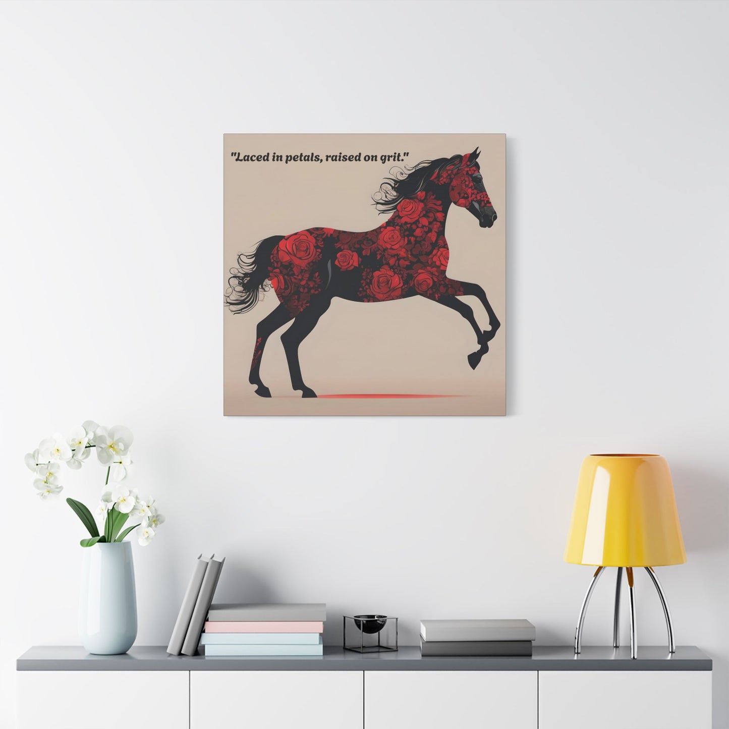 Art Print Canvas, Wall Decor, Satin Stretched Canvas, Equestrian Art, Office Decor, Home Decor - "Laced in petals"