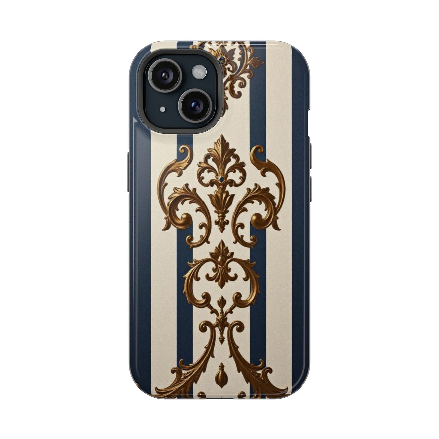 Elegant Striped Magnetic Tough Case - Classic Blue and Gold Damask Design