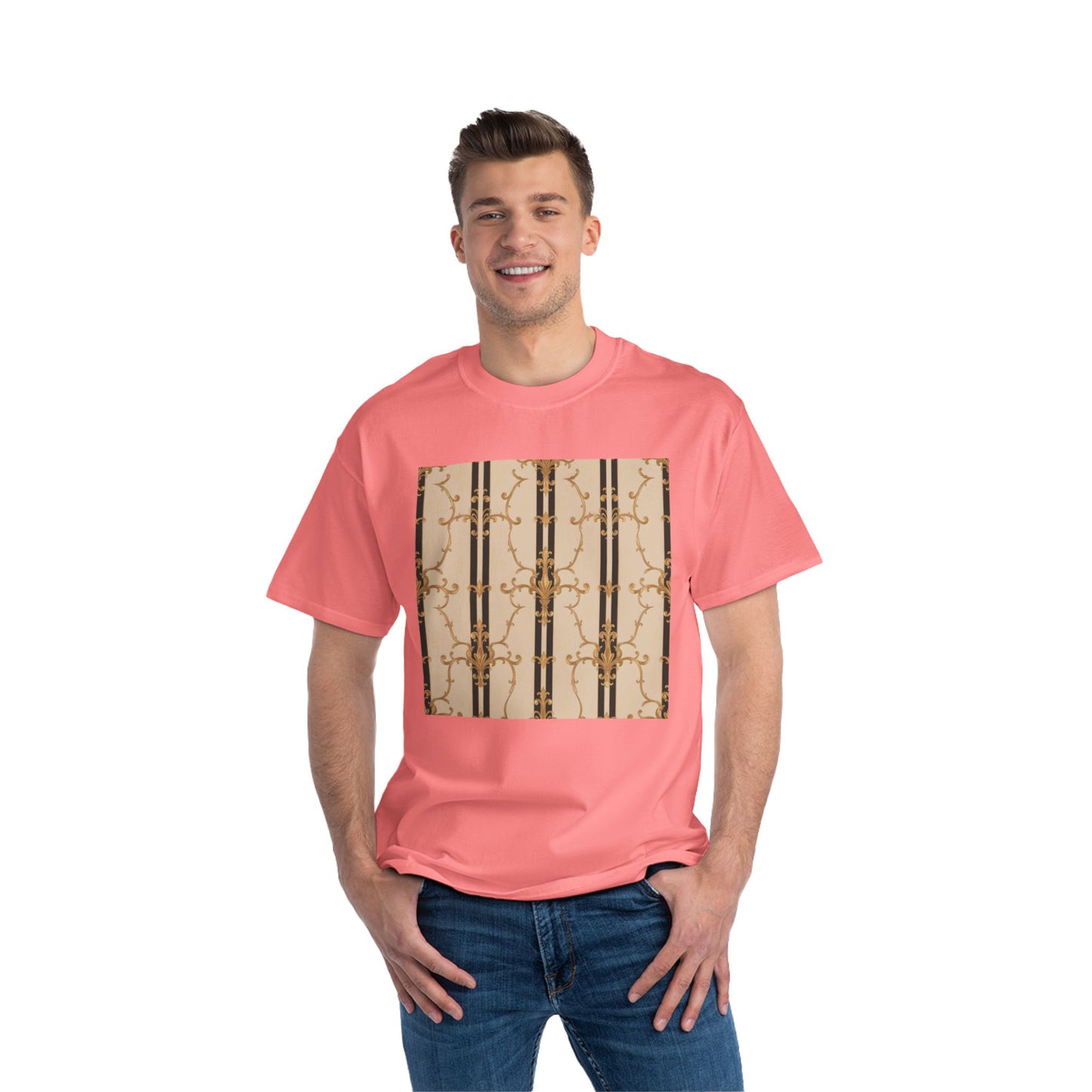 Stylish Graphic Tee for Casual Wear, Fashionable Short-Sleeve Shirt, Unique Summer Top - Black & Beige Striped Damask