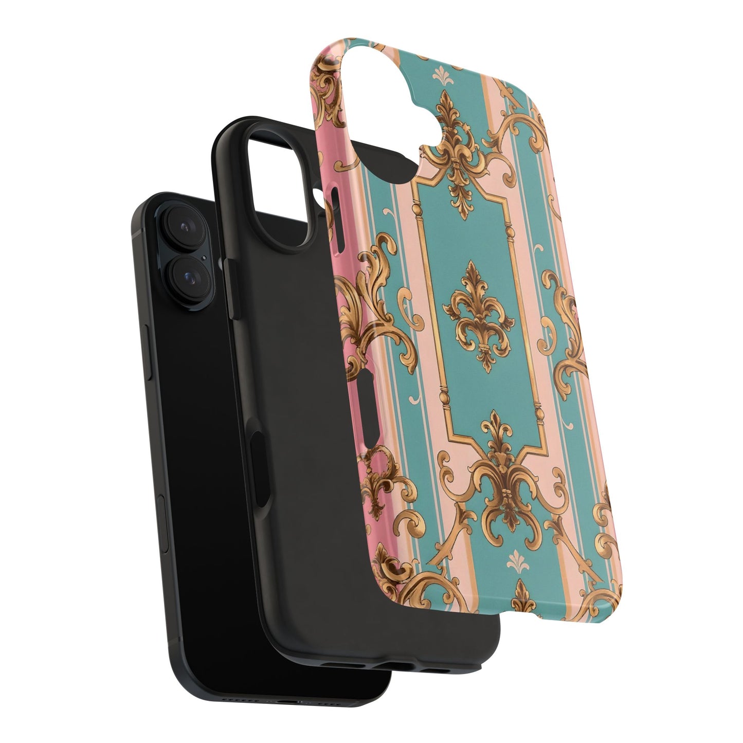 Elegant Floral Tough Phone Case, Artistic Phone Cover, Gift for Her, Chic Phone Accessory - Pink & Matte Turquoise Striped Rococo