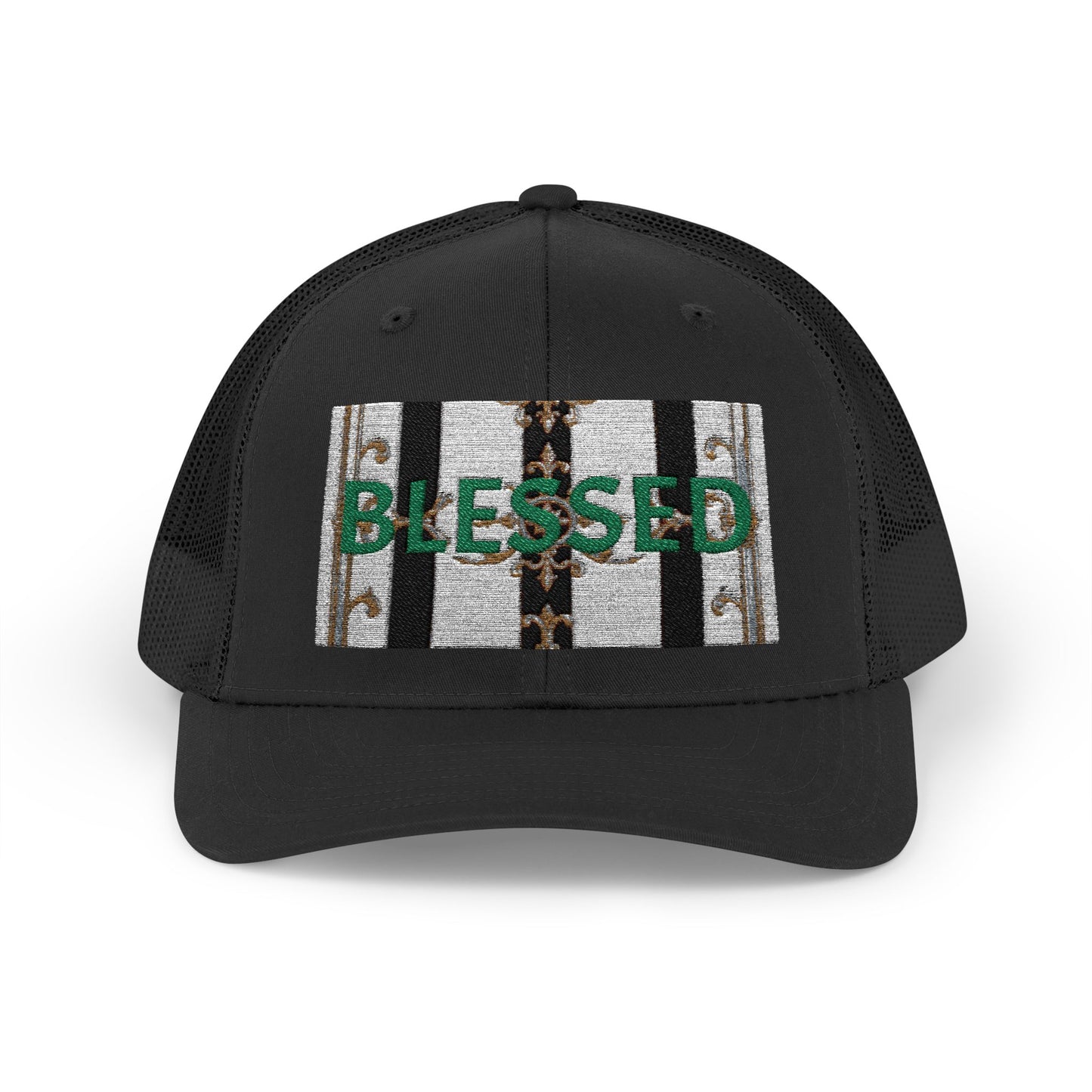 Blessed Snapback Trucker Cap | Casual Style, Outdoor Gear, Faith-Based Gift, Adjustable Hat, Everyday Fashion - Black & White Striped Gold Baroque