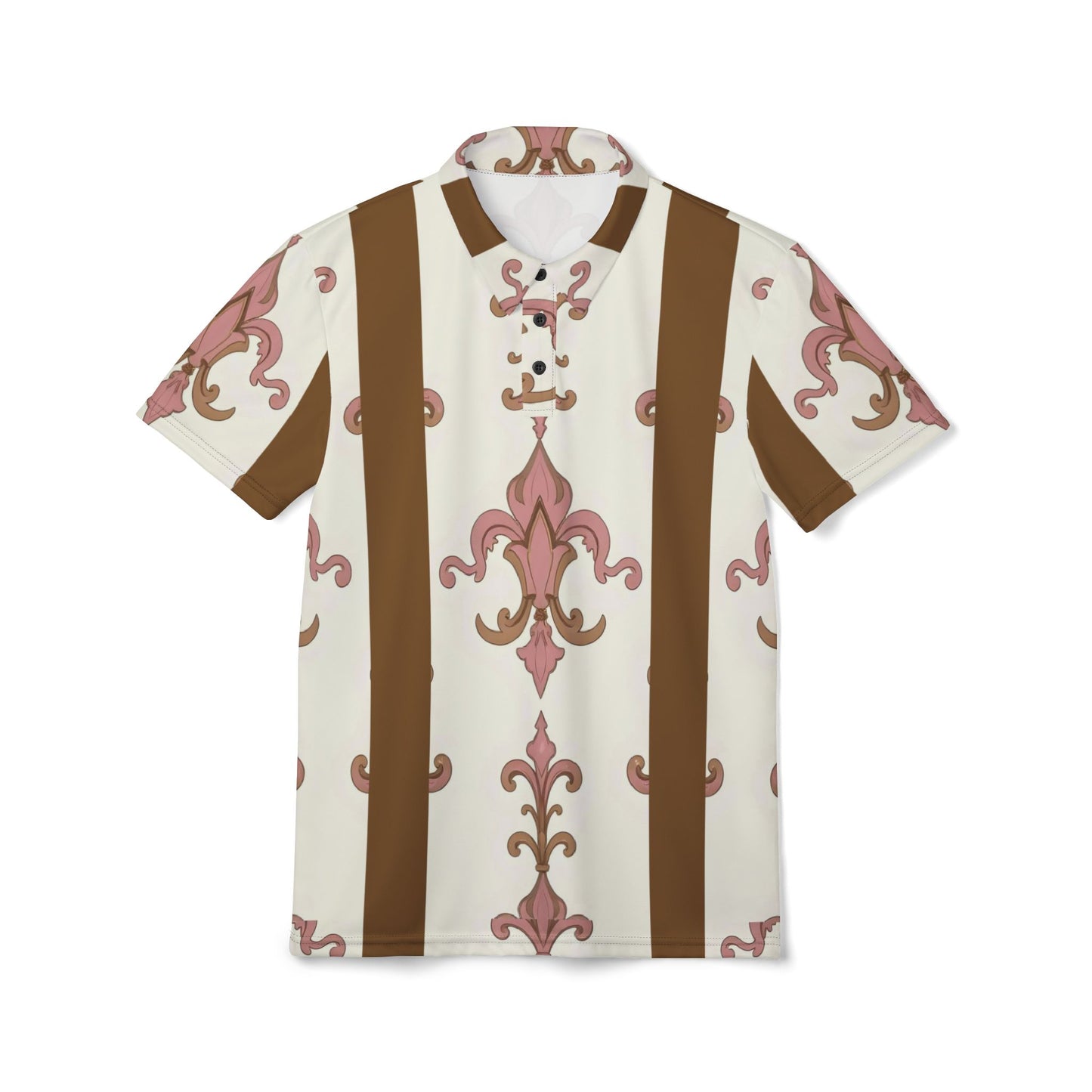 Vintage-Inspired Unisex Polo Shirt, Casual Style, Perfect for Spring/Summer, Everyday Wear, Gift for Him/Her - Brown Striped Pink Arabesque