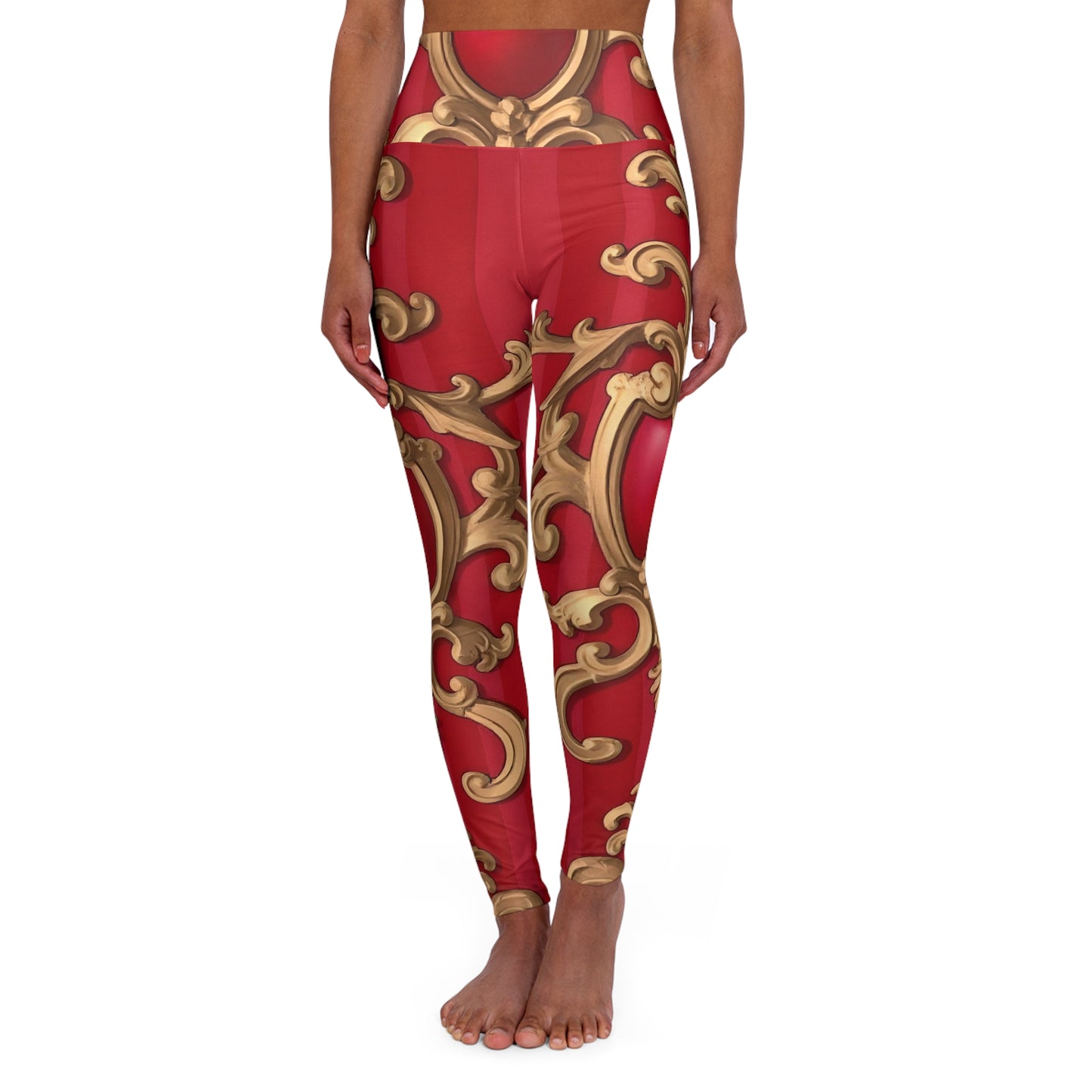 Elegant Red Baroque High Waisted Yoga Leggings - Stylish Activewear, Workout Leggings, Fitness Apparel, Fashion Yoga Pants, Unique Legging Design
